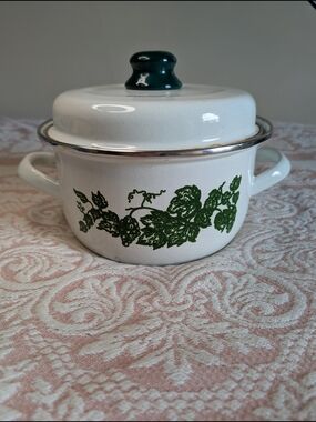 White Enamel Pot with Green Vine Design
